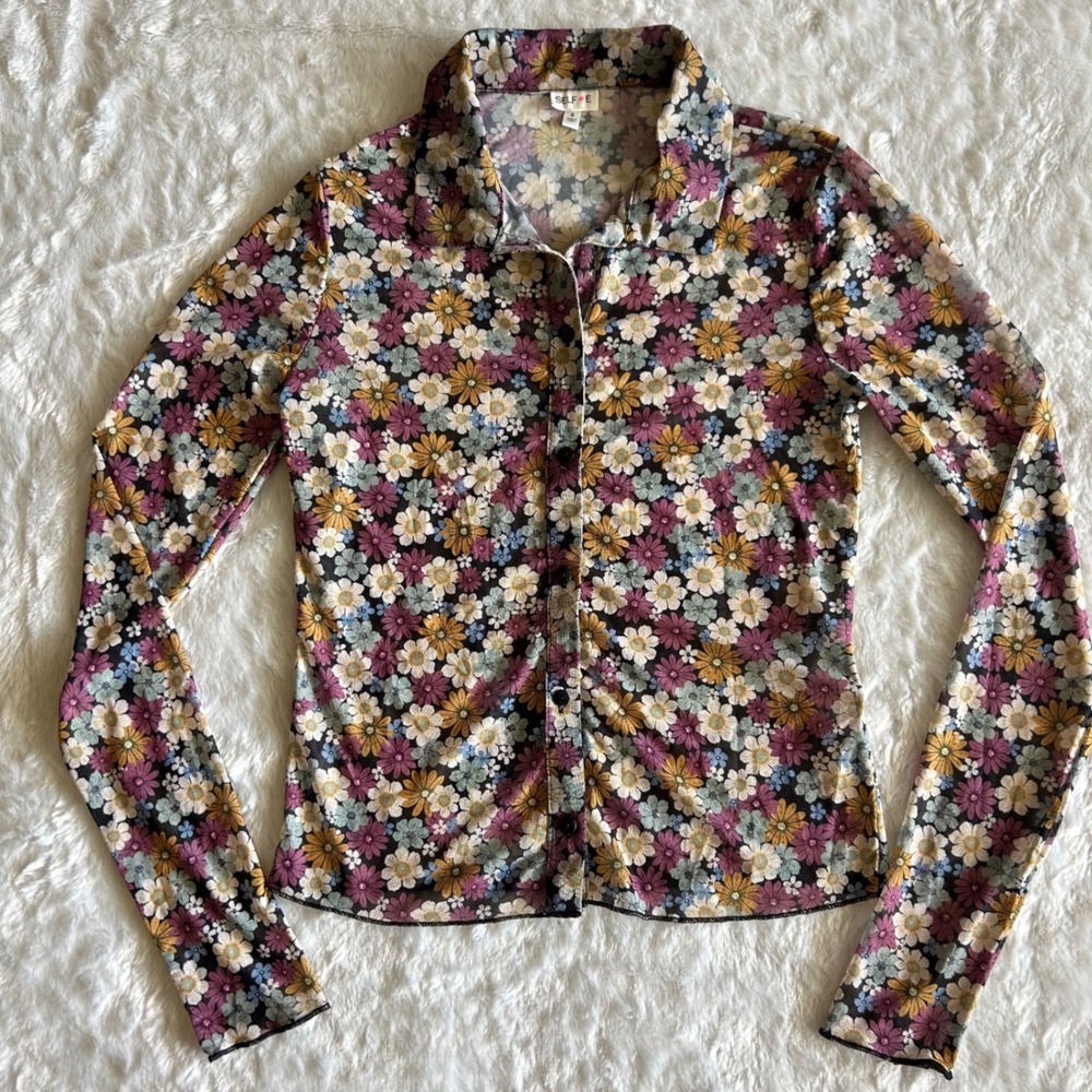 Womens Floral Mesh Button Down Shirt Y2K Retro‎ Long Sleeve Daisy Top Small